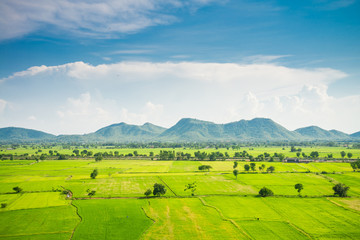 Beautiful landcape rice green field, mountain with blue sky in sunny day from viewpoint, central Thailand