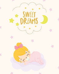 sweet dream card with cute baby girl sleep vector illustration.