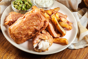Traditional fish in beer batter and chips