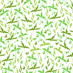 Trendy Seamless Floral Print. Small white leaves on green background. Can be used for textile, fabric, wallpaper, scrapbooking design. Vector