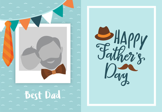 Happy father's day greeting card design, with photo frame for uploading picture, photo. Vector background with bow tie, hat, mustache, and glasses. Father's day lettering calligraphic emblem