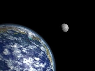 Weltraum mit Erde und Mond