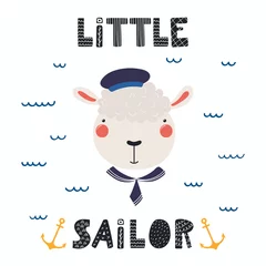 Zelfklevend Fotobehang Hand drawn vector illustration of a cute funny sheep sailor in a cap and collar, with lettering quote Little sailor. Isolated objects. Scandinavian style flat design. Concept for children print. © Maria Skrigan