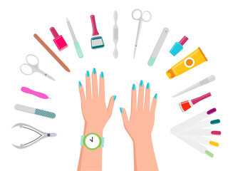 Female Hands, Manicure Tools and Nail Polishes