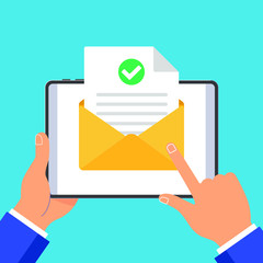 Hands hold tablet pad devise with open envelope document paper sheet  page check mark tick, no text icon vector illustration flat design isolated on blue background. Pointer finger touch the screen © Konstantin