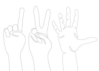 Gestures of hands from continuous line. The gesture of peace, indicating finger, five. Vector element for your creativity