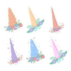 Set of cartoon different horns of a unicorn with flowers and sparkles. Vector element for your creativity