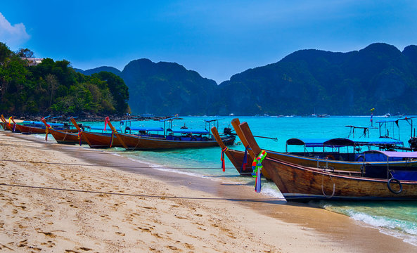 Asian long tail boats on the beach