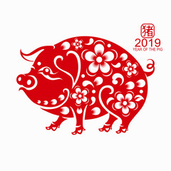 Happy chinese new year 2019 Zodiac sign with red paper cut art and craft style on color Background.(Chinese Translation : Year of the pig)