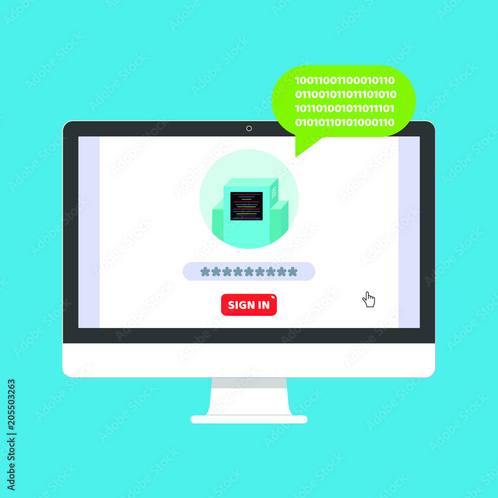 Poster monitor or all in one pc flat design with sign in form and chat bot icon on the screen vector illust