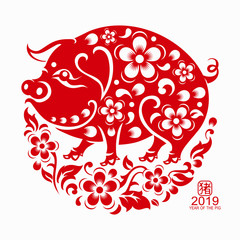 Happy chinese new year 2019 Zodiac sign with red paper cut art and craft style on color Background.(Chinese Translation : Year of the pig)