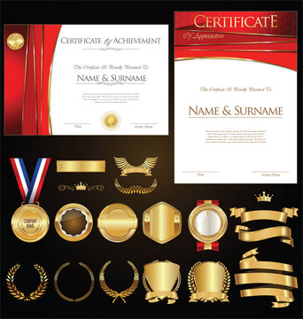 Collection of certificate badges labels shields and laurels 