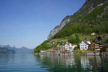 Swiss village Quinten on Walensee Lake seen from ferry from Murg. Village is only reachable by boat...