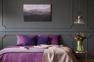 Purple and grey bedroom interior