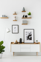 Poster on wooden cupboard in white living room interior with lamp and plant. Real photo