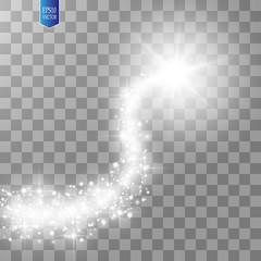 A bright comet with large dust. Falling Star. Glow light effect. Golden lights. Vector illustration