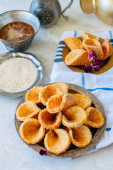 Honey and sesame babouches - popular arabic dessert. Arabic and middle eastern food concept