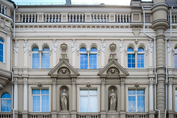 Russia, Kazan, April 27, 2018: a fragment of the facade of a modern building in the old style