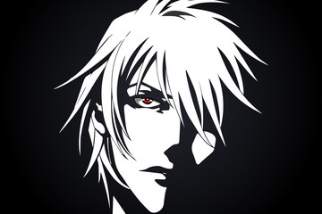 Fototapeta premium Anime twarz od kreskówki z anime czerwonymi oczami na czarny i biały tle. Ilustracji wektorowych