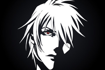 Anime face from cartoon with anime red eyes on black and white background. Vector illustration - 205506807