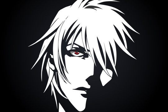 Anime Face From Cartoon With Anime Red Eyes On Black And White Background. Vector Illustration