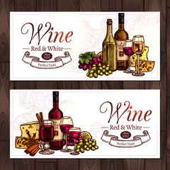 Red And White Wine Sketch Set. Design Of Horizontal Banners With Wine, Bottles, Wineglasses, Cheese And Grapes In Hand Drawn Color Style