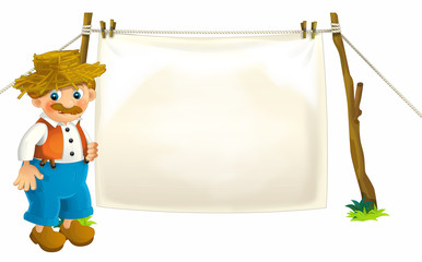 cartoon happy and funny farm scene with tractor - on white background wheelbarrow for different tasks - illustration for children 