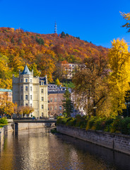 Fototapeta premium Architecture of Karlovy Vary (Karlsbad) in autumn, Czech Republic. It is the most visited spa town in the Czech Republic