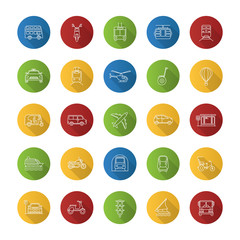 Public transport flat linear long shadow icons set