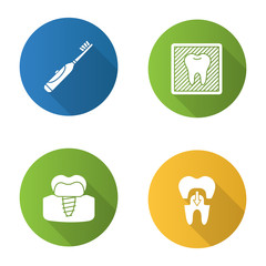 Dentistry flat design long shadow glyph icons set