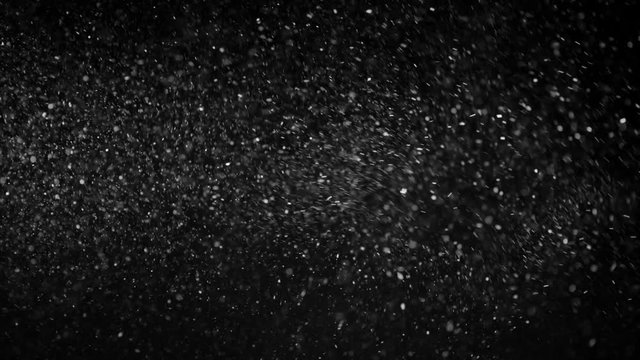 Natural Organic Dust Particles Floating On Black Background. Glittering Sparkling Particles Randomly Spin In The Air With Bokeh. Dynamic Particles With Fast And Slow Motion. Shimmering Dust In Space.