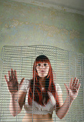 Bird cage indoor and concept woman rights - obrazy, fototapety, plakaty