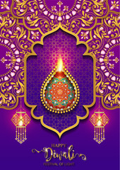 Happy Diwali festival card with gold diya patterned and crystals on paper color Background.