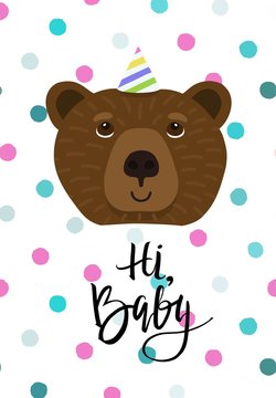Doudle style bear face. Vector illustration with handdrawn dots and text Hi, baby for kids, toddlers and babies fashion.