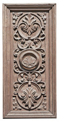 The wooden panel of the old retro door is covered with cracked brown paint.