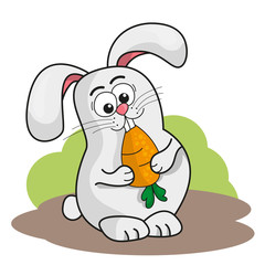 Cute cartoon little rabbit holding an orange carrot. Vector illustration on white