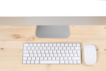 office set: computer, keyboard and office tool on wooden table with copy space and clipping path