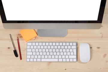 office set: computer, keyboard and office tool on wooden table with copy space and clipping path