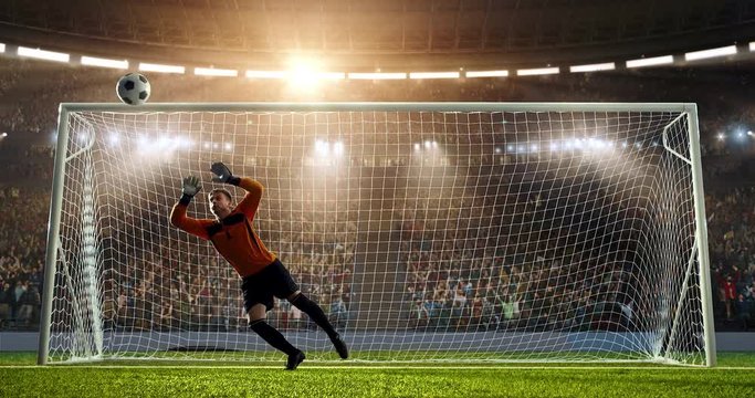 Soccer goalkeeper jumps and fails to catch ball on a professional soccer stadium. Stadium and crowd is made in 3D and animated