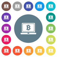 Laptop with Bitcoin sign flat white icons on round color backgrounds