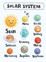 Set of cute cartoon planets with funny faces stickers. cute stickers, patches or pins collection. solar system stickers set