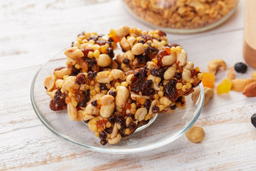 Granola bar on wooden background