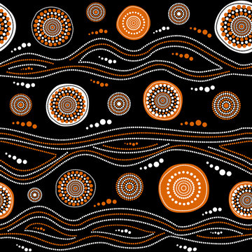 Australian aboriginal seamless vector pattern with dotted circles, rings and crooked stripes