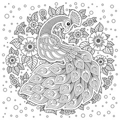 Peacock in zentangle style. Adult antistress coloring page.