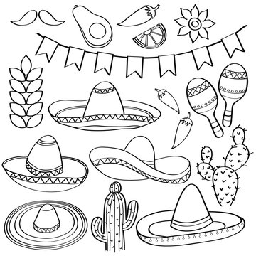 Doodle Mexico symbol collection  isolated in black and white for coloring