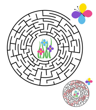 Labyrinth, maze conundrum for kids. Entry and exit. Children puzzle game. Help the butterfly reach the flowers