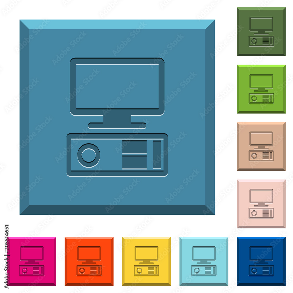 Poster old personal computer engraved icons on edged square buttons