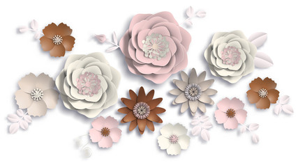 Paper art, summer flowers on a white background with leaves cut of paper. Vector stock illustration