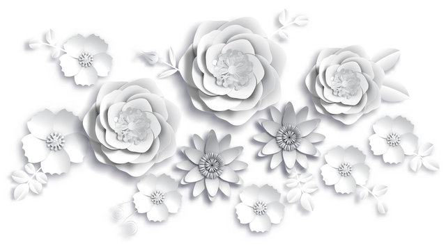 Paper art, summer flowers on a white background with leaves cut of paper. Vector stock illustration
