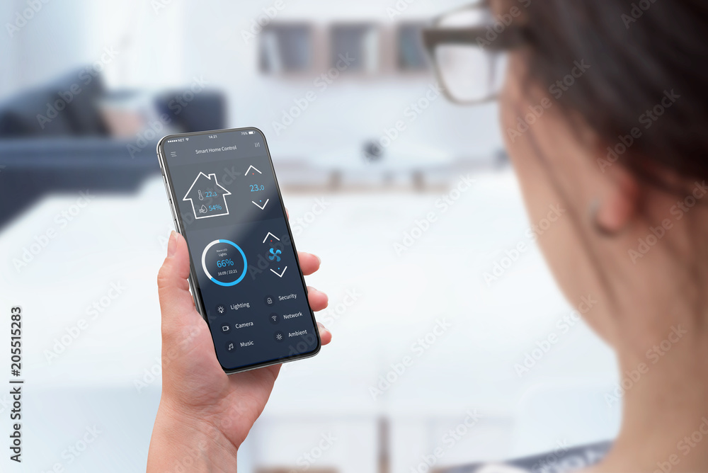 Aufkleber Woman use moder smart phone with round edges and smart home control app to monitoring temperature, light and security.